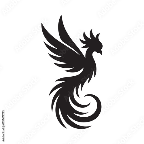 A stylized black silhouette of a phoenix bird with spread wings and curled tail on white background