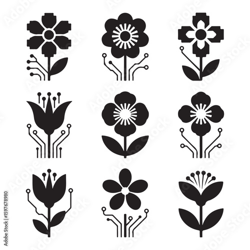 A collection of nine black and white flower icons with circuit board stem designs on a white background