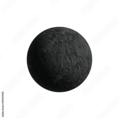 Mysterious dark sphere with a rough stone texture, an abstract concept of a planet or cosmic body isolated on a white background.