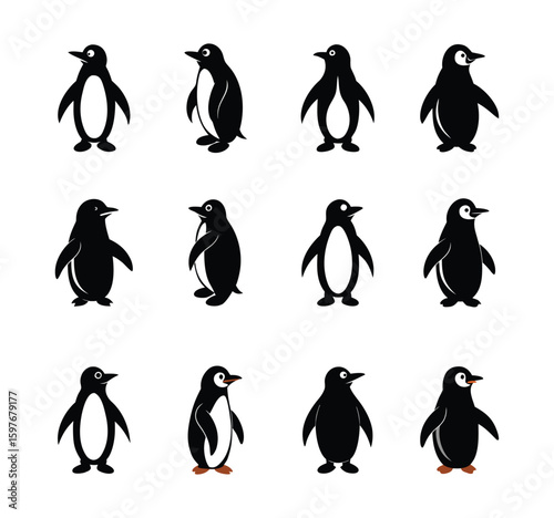 Black silhouettes of penguins set on a white background, silhouette penguin different pose walking and skating.