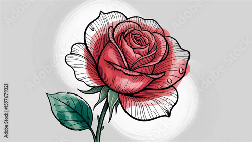 Elegant red rose line art with unique partial color fill and painted style