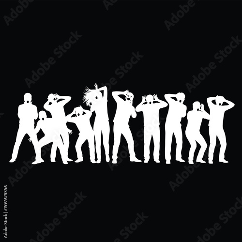 White silhouette crowd of people screaming in fear and panic on black background vector