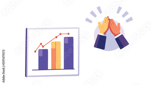 Bar graph showing an upward trend with hands clapping in celebration of success and achievement shown