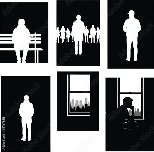 Black and white silhouette illustrations of people in various urban settings and scenes