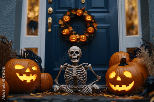Skeleton and carved pumpkins on dark blue porch Halloween