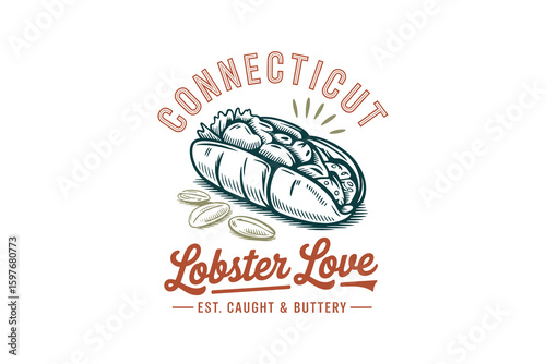 Connecticut lobster roll flat vector muted tones vintage USA STATE food clipart