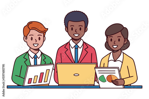Benchmark Performance Concept. Vector cartoon illustration of a group of diverse business people engaged in analyzing and comparing the results of measuring indicators.analysis, businesswoman, chart, 