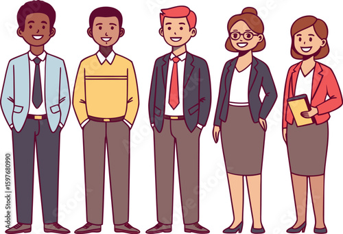 Business team. Vector illustration of diverse cartoon men and women of various ethnicities, ages, and body types in office outfits. Isolated on white.african american, businessperson, businesswoman, 