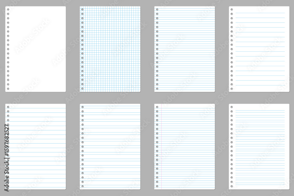 Set of assorted spiral notebook pages: lined, squared, and blank. vector illustration
