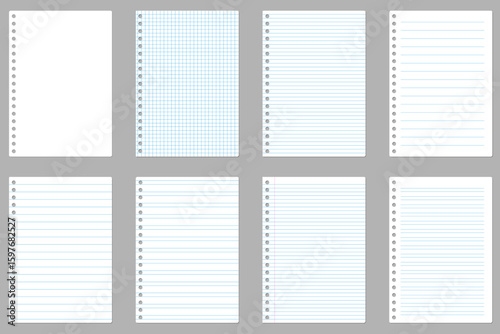Set of assorted spiral notebook pages: lined, squared, and blank. vector illustration