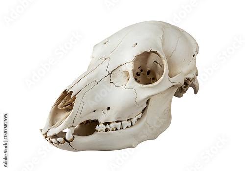 Close up of a sheep skull with a white background