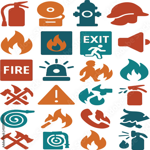 Fire Safety Icons – Extinguisher, Alarm, Hydrant, and Emergency Signs Vector Set

