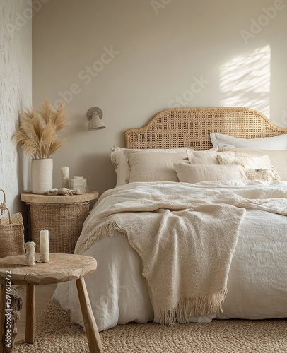 Bench placed near a beige bed with a wicker headboard. Boho interior design for a modern bedroom in a country house, Generative AI