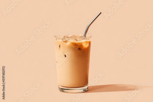 Iced Coffee Beverage with a Reusable Straw on a Neutral Background