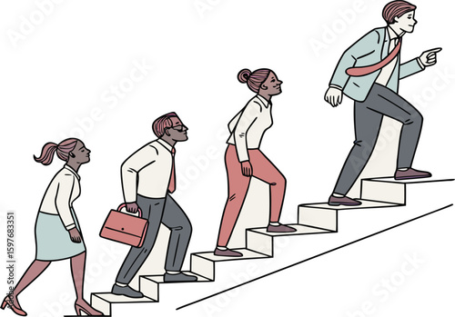 Business Leadership Concept. Vector illustration in flat style of a group of diverse people in business outfits walking up the steps following a leader looking ahead.aspiration, employee, leadership, 