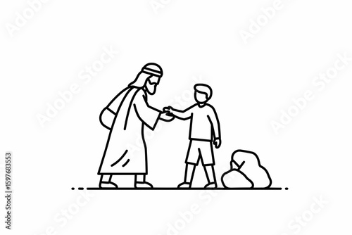 Illustration of an adult man in traditional robes reaching out to a young boy near some rocks