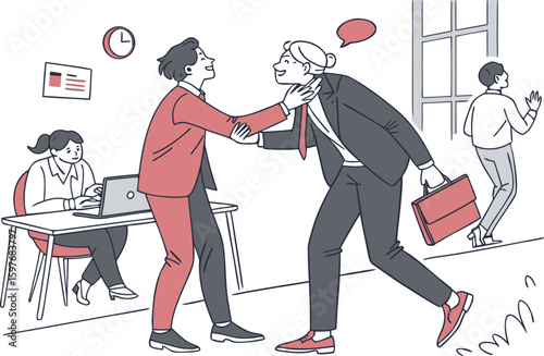 Business Meeting Concept. Vector cartoon full-length illustration in a flat style of business people with two men in suits in the center shaking hands.chat, office, work, communication, young, speech.