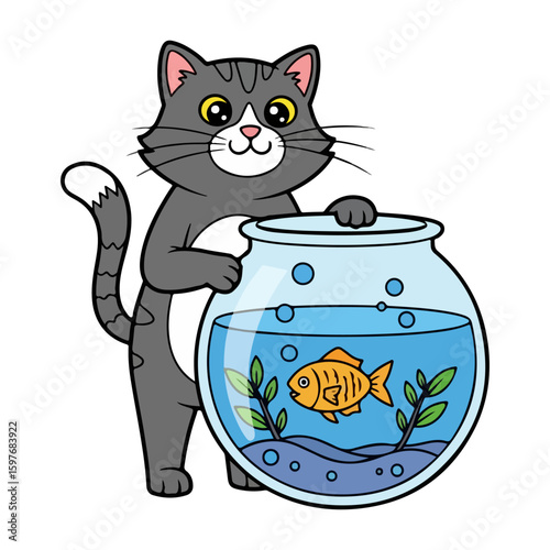 Cat and fishbowl cartoon, colored cartoon with line art and white background. AI generated image.