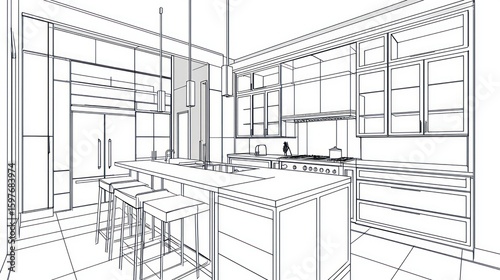 Architectural drawing of a modern kitchen design.