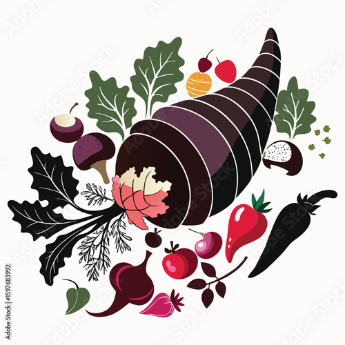 Cornucopia overflowing with fresh root vegetables and berries