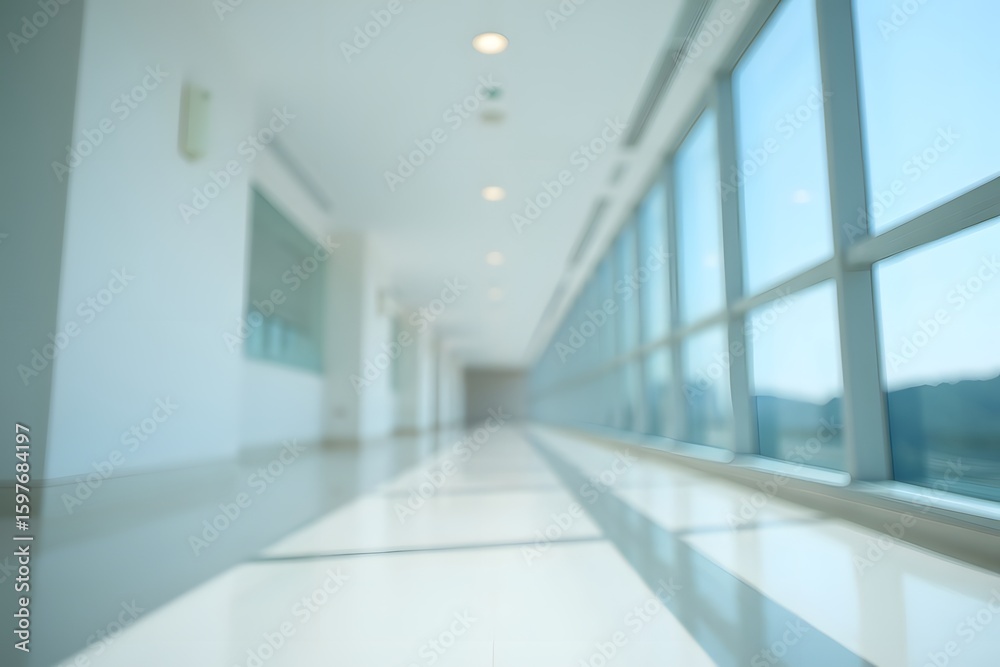 Obraz premium Modern Office Corridor: Bright, Clean, and Serene Architectural Interior Design.