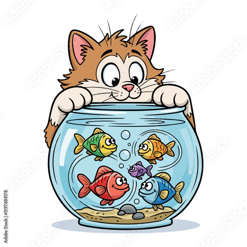 Cat and fishbowl cartoon, colored cartoon with line art and white background. AI generated image.