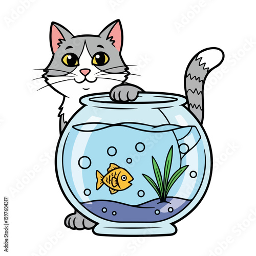 Cat and fishbowl cartoon, colored cartoon with line art and white background. AI generated image.