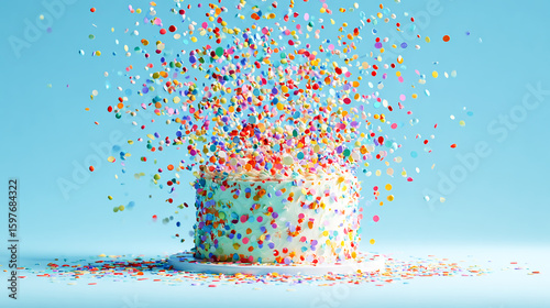 An explosion of confetti and colorful dots bursting from the top, with a birthday cake at the bottom against a light blue background