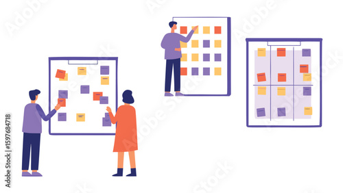 People collaborating on project boards with sticky notes in a business environment setting for planning tasks