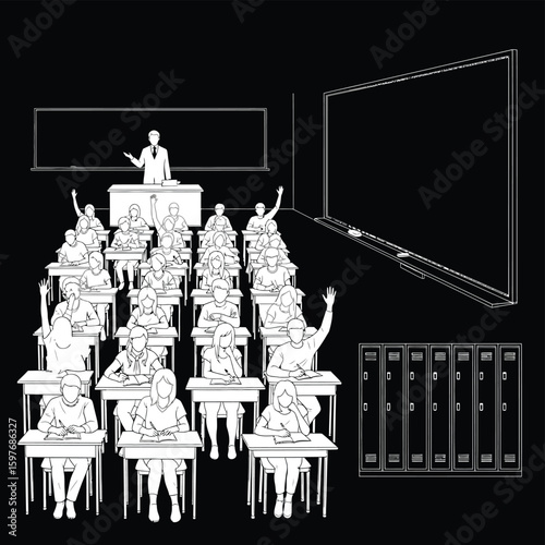 Classroom scene illustration: students learning with teacher and interactive whiteboard