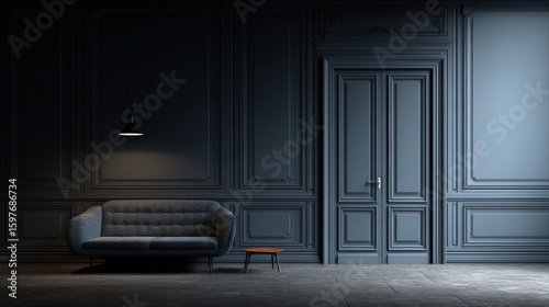 Dark, elegant room with a sofa and a door