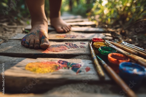 Creation Learning Guide concept. Barefoot artist walking on a path with colorful paint and brushes nearby.