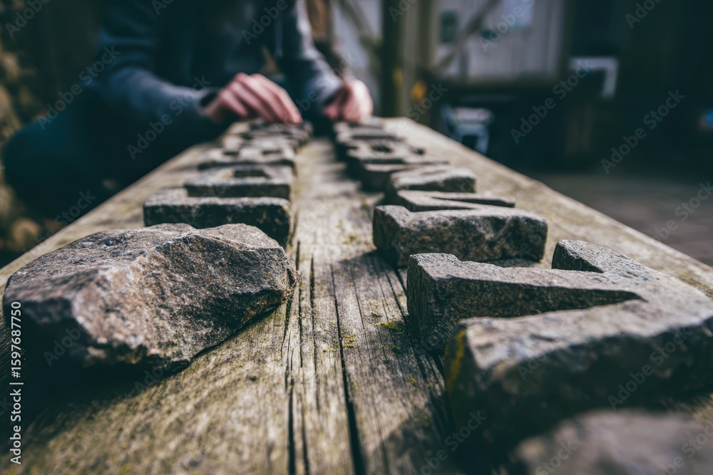 Fototapeta premium Creation Learning Guide concept. Close-up of hands arranging stones on a wooden surface in a rustic setting.