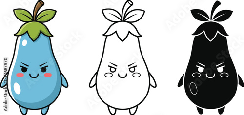 Cute eggplant cartoon character vector illustration set for kids coloring book design