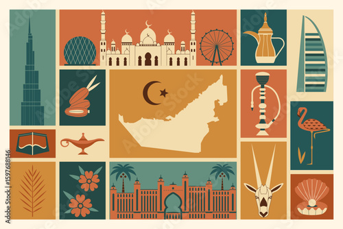 UAE Travel Poster with National Symbols and Landmarks