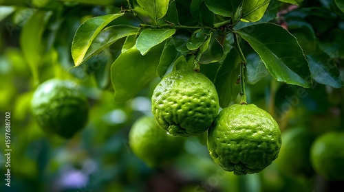 Intricately detailed scene of a bergamot tree in a serene organic garden with fresh medicinal fruits highlighting natural wellness