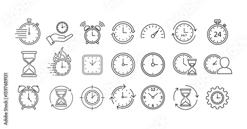 Time, Clock, and Deadline Line Icons Set
