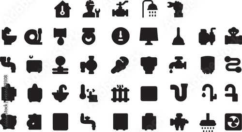 Plumbing Icons Set – Fixtures, Pipes, Faucets, Drains & Water System Symbols