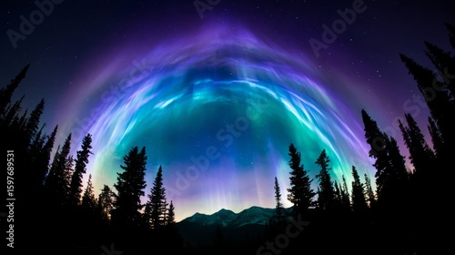Surreal night sky with emerald and violet auroras arching like a cathedral over mountains.
