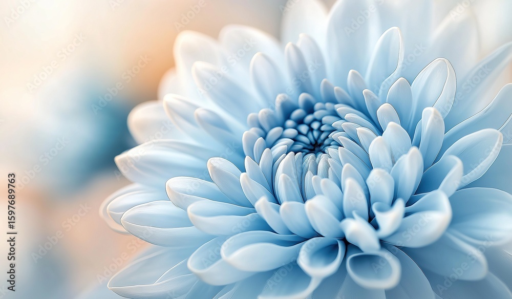 Fototapeta premium Macro photography of pastel blue chrysanthemum flower with delicate petals and intricate center in soft sunlight creating elegant floral composition on blurred background