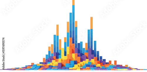 Colorful bar graph shows data visualization with reflection effect.