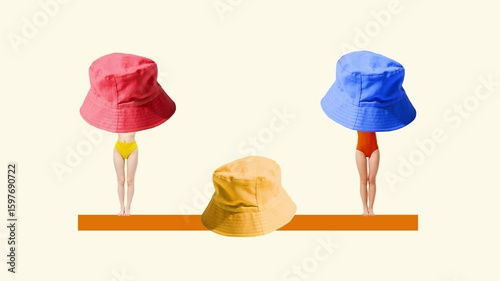 Playful stop motion. Three female figures in swimsuits stand side by side wearing oversized colorful bucket hats. Concept of identity, summer style, body positivity, visual humor, surreal beauty.