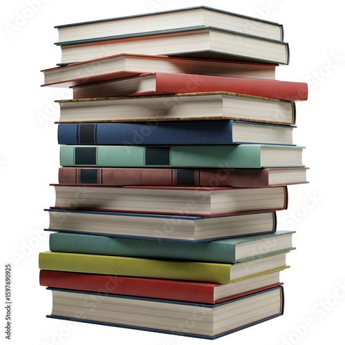 A tall stack of colorful hardcover books isolated on a transparent background