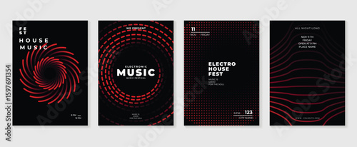 Music poster design background vector set. Electro Sound Cover template with vibrant abstract gradient geometric shape and line wave. Ideal design for social media, flyer, party, music festival, club.