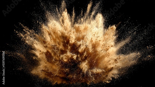 Abstract brown powder explosion in mid-air against a dark background, captured with dynamic motion.