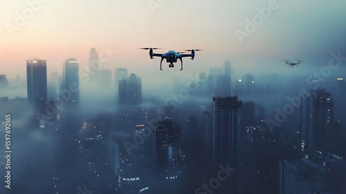 Futuristic surveillance drones flying silently over dark city skyline