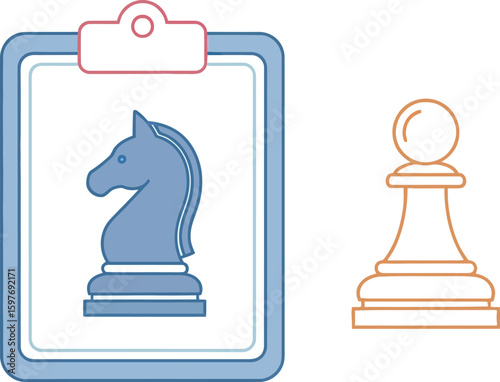 Chess strategy and tactics planning with knight and pawn on clipboard outline