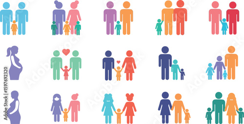 Diverse family types and relationships vector icons set stock illustration