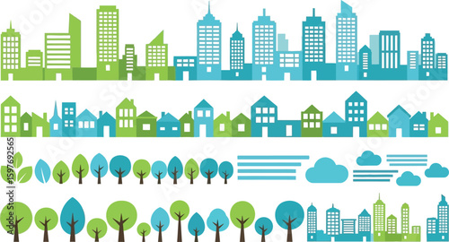 Vector city skyline illustration with buildings trees and clouds design art