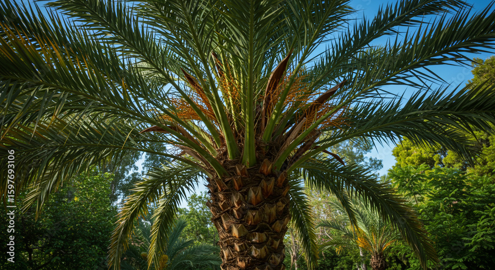 Fototapeta premium A tall tropical palm tree standing under the clear blue sky, with long green fronds swaying gently in the breeze. The scene evokes a relaxing, vacation-like atmosphere, often associated with tropical 